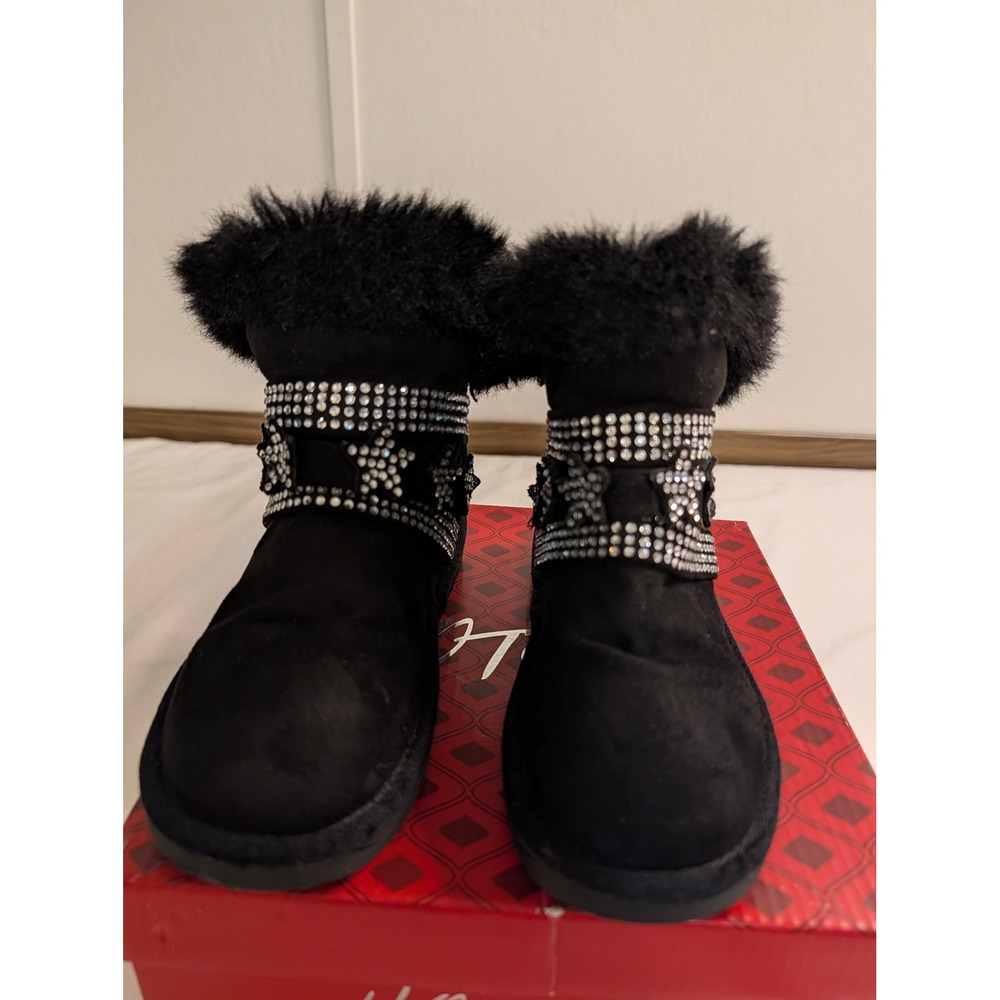 Hotcakes Girls Black Faux Suede Rhinestone Star Faux Fur Winter Boots Size 13M